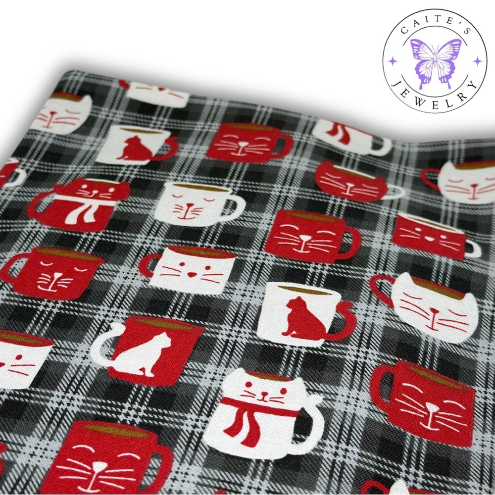 Handmade Small Book/Kindle Sleeve with a Cats and Mugs Fabric